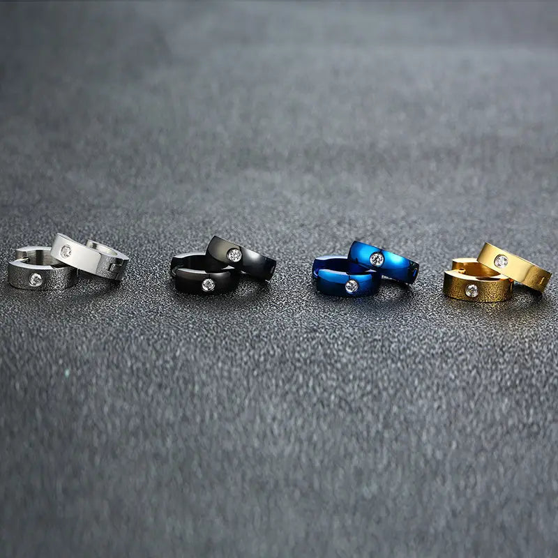 Round Edge Men Earring Black Mini Hoop Sterling Stone