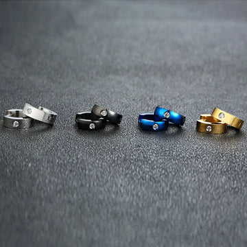 Round Edge Men Earring Black Mini Hoop Sterling Stone