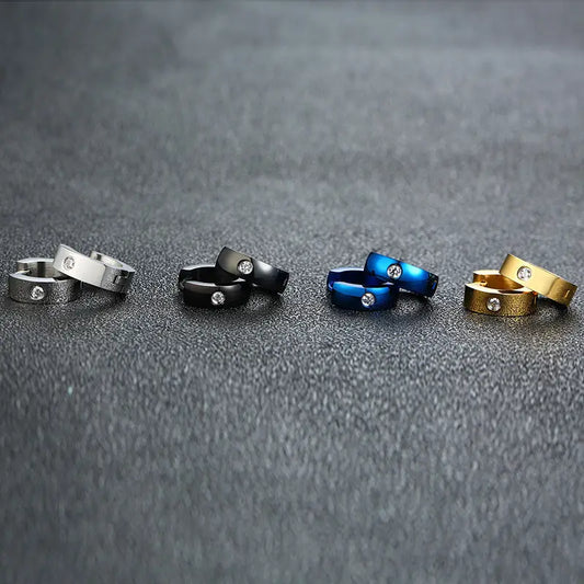 Round Edge Men Earring Black Mini Hoop Sterling Stone