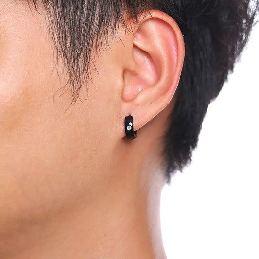 Round Edge Men Earring Black Mini Hoop Sterling Stone