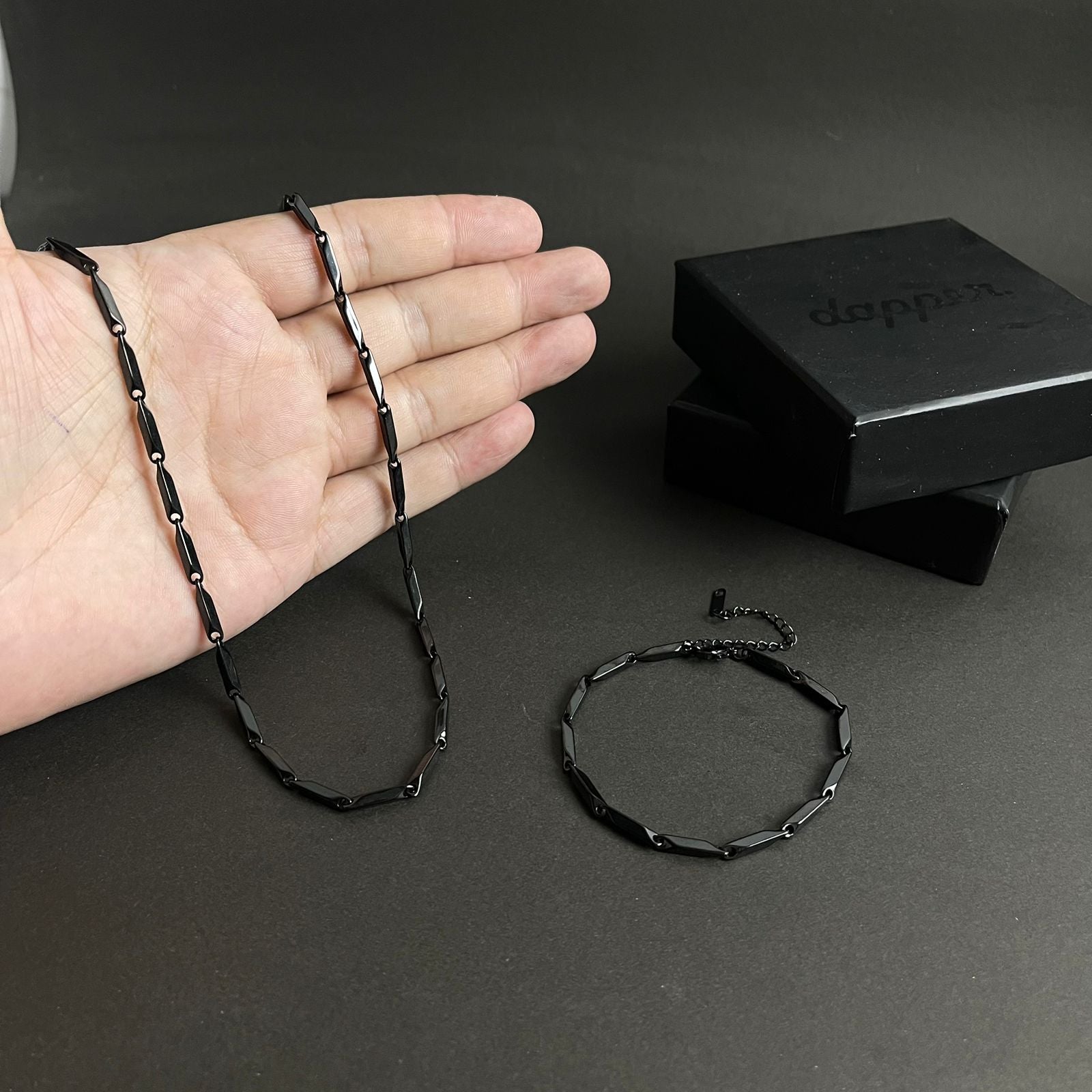 Black Rice Link Neck Chain & Bracelet Set